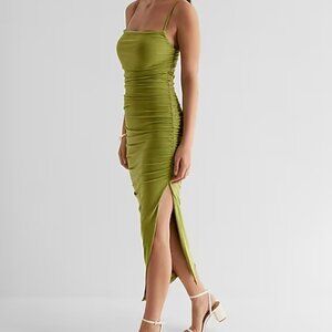 NWT EXPRESS Body Contour Mesh Ruched Side Slit Midi Dress With Bra Cups